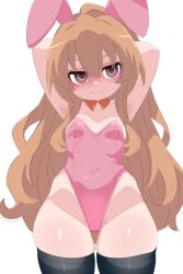 1girl aisaka_taiga animal_ear_hairband animal_ears arm_behind_head black_thighhighs bow bowtie breasts brown_eyes brown_hair cameltoe fake_animal_ears hairband highres kukuchi581 leotard long_hair pink_leotard playboy_bunny rabbit_ears rabbit_tail red_bow red_bowtie simple_background small_breasts smile solo strapless strapless_leotard tail thigh_gap thighhighs toradora! white_background