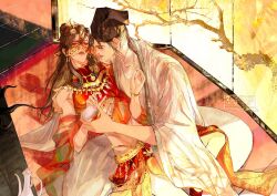 1815983628 2boys absurdres alternate_costume arabian_clothes bell black_hair black_hat blush bracelet brown_hair carrying chinese_clothes chinese_commentary closed_mouth coat coin coin_mask creature crop_top crossdressing cup cushion dancer dao_gui_yi_xian folding_screen gold_belt groin hair_bun hair_ribbon half_updo hand_up hanfu harem_outfit hat hat_ribbon highres holding holed_coin indoors jewelry jin_(headwear) li_huowang li_sui_(tentacles) long_hair long_sleeves looking_at_another lying_on_lap lying_on_person male_focus mask midriff mouth_veil multiple_boys neck_bell necklace open_mouth pillar red_eyes red_ribbon red_shawl red_shirt red_skirt ribbon robe shawl shirt single_hair_bun sitting skirt smile tassel teapot tentacles tile_floor tiles turtleneck updo veil watercolor_effect watermark white_coat white_hanfu wide_sleeves yaoi zhouzi_jin_(headwear) zhuge_yuan