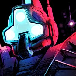 assault_visor blue_visor commentary gelgoog gelgoog_(gquuuuuux) glowing glowing_eye gundam gundam_gquuuuuux highres joey_the_lazy mecha mecha_focus mobile_suit no_humans portrait purple_eyes radio_antenna red_gundam robot science_fiction solo_focus