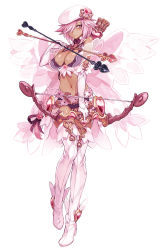 1girl angel angel_wings arrow_(projectile) belt beret boots bow bow_(weapon) braid breasts cleavage clothing_cutout cupid cupid_(monster_girl_encyclopedia) dark-skinned_female dark_skin female_focus full_body hair_over_one_eye hat heart heart-shaped_pupils heart_arrow heart_cutout highres kenkou_cross large_breasts lingerie looking_at_viewer midriff monster_girl monster_girl_encyclopedia monster_girl_encyclopedia_ii navel official_art pink_eyes pink_hair quiver revealing_clothes short_hair simple_background solo symbol-shaped_pupils thigh_boots thighhighs thighs underwear weapon white_background white_boots white_thighhighs wings