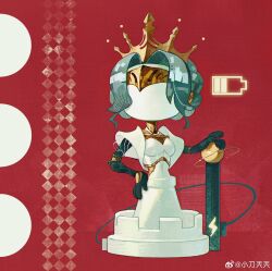 Rule 34 | 1girl, absurdres, battery indicator, breasts, bukui shi wo, chess piece, deformed, full body, hand on own hip, highres, humanoid robot, joints, lucy (reverse:1999), medium breasts, metal hair, official alternate costume, queen (chess), recharging, red background, reverse:1999, robot, robot girl, robot joints, solo, tiara, watermark, weibo watermark