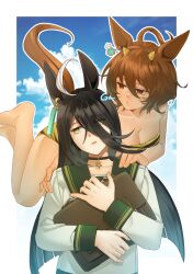 2girls agnes_tachyon_(umamusume) ahoge animal_ears animal_print bag bandeau bare_shoulders barefoot bikini black_hair breasts briefcase brown_hair choker cleavage cloud cosplay day earrings fake_horns floating gaman hair_between_eyes highres holding holding_bag horns horse_ears horse_girl horse_tail hugging_object jewelry long_hair long_sleeves looking_to_the_side lum lum_(cosplay) manhattan_cafe_(umamusume) multiple_girls puckered_lips red_eyes sailor_collar school_briefcase shirt short_hair sign single_earring small_breasts standing swimsuit tail tiger_print uesaka_sumire umamusume urusei_yatsura voice_actor_connection white_shirt yellow_eyes