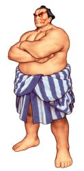 Rule 34 | 1boy, absurdres, barefoot, capcom vs snk, chonmage, crossed arms, e. honda, facepaint, game cg, highres, loincloth, looking to the side, male focus, mawashi, mori toshiaki, muscular, muscular male, non-web source, official art, scowl, simple background, solo, street fighter, sumo, topknot, v-shaped eyebrows, white background