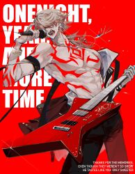 1boy black_pants covered_eyes cowboy_shot earrings electric_guitar english_text fall_out_boy guitar highres holding holding_microphone honkai:_star_rail honkai_(series) instrument jewelry lyrics male_focus medium_hair microphone muscular muscular_male mydei_(honkai:_star_rail) open_mouth orange_hair pants red_background red_tattoo solo sunset_1830 teeth