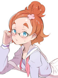 1girl bespectacled blue_eyes blush collarbone flower forehead glasses go!_princess_precure hair_flower hair_ornament haruno_haruka leaning_forward looking_at_viewer neckerchief noble_academy_school_uniform orange_hair pink_neckerchief precure school_uniform solo suspenders sweatdrop ter_(otokoter) thick_eyebrows topknot white_background