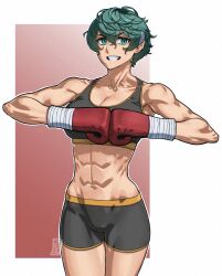 1girl bare_shoulders black_shorts boxing boxing_gloves breasts cleavage crop_top curly_hair gloves green_eyes green_hair highres muscular muscular_female navel original red_gloves rggr shlki shorts sign sleeveless solo