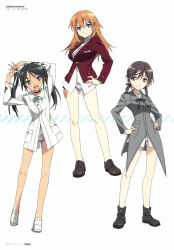 Rule 34 | 3girls, absurdres, black choker, blazer, blue eyes, blush, breasts, brown eyes, brown hair, charlotte e. yeager, choker, closed mouth, fang, francesca lucchini, full body, gertrud barkhorn, green eyes, green hair, hair ribbon, hand on own hip, hands on own hips, highres, jacket, large breasts, long hair, looking at viewer, military uniform, multiple girls, official art, orange hair, panties, red jacket, ribbon, simple background, small breasts, smile, strike witches, striped clothes, striped panties, twintails, underwear, white background, white panties, world witches series
