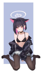 1girl absurdres animal_ears black_choker black_hair black_jacket black_pantyhose blue_archive breasts cat_ears choker closed_mouth colored_inner_hair eco_376124 extra_ears hair_ornament hairclip halo highres jacket kazusa_(blue_archive) long_sleeves looking_at_viewer multicolored_hair navel pantyhose pink_hair pink_halo red_eyes short_hair sitting skirt small_breasts solo wariza white_skirt