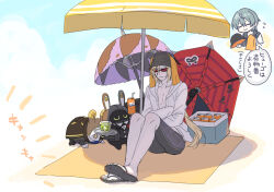 Rule 34 | 2boys, bangboo (zenless zone zero), beach umbrella, black hat, black shoes, black shorts, blonde hair, flip-flops, grey hair, hat, hugo vlad, male focus, multiple boys, open clothes, open shirt, sandals, saruzenzzz, shirt, shoes, short hair, shorts, sitting, smile, sunglasses, umbrella, white shirt, wise (zenless zone zero), zenless zone zero