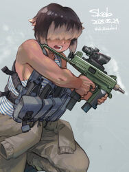 1girl absurdres acog ammunition_pouch artist_name breasts cbj-ms clothes_around_waist commission dated didloaded gun hair_over_eyes highres jacket jacket_around_waist open_mouth original pouch scope shirt short_hair sideboob skeb_commission smoke smoking_barrel solo striped_clothes striped_shirt submachine_gun sweat telnyashka toned weapon