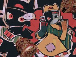 Rule 34 | 1girl, black background, cat girl, dress, ena: dream bbq, ena (series), hat, heterochromia, long hair, looking at viewer, red eyes, red hair, simple background, smile, solo, taski maiden (ena), twintails, warwickalantero, yellow dress, yellow hat