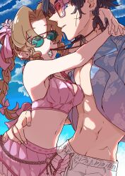 1boy 1girl abs aerith_gainsborough aerith_gainsborough_(pink_mermaid) bikini bikini_skirt braid braided_ponytail final_fantasy final_fantasy_vii final_fantasy_vii_ever_crisis final_fantasy_vii_rebirth final_fantasy_vii_remake hawaiian_shirt highres hug male_swimwear mouth_hold navel necklace_in_mouth official_alternate_costume open_clothes open_shirt oshibainoticket pink_bikini scar scar_on_face shirt stomach sunglasses swim_trunks swimsuit zack_fair zack_fair_(surfer_look)