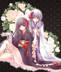 Rule 34 | black hair, breasts, flower, frills, fruits basket, japanese clothes, muu, open mouth, purple eyes, smile, sohma isuzu, white hair