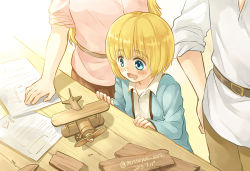 1girl 2boys armin_arlert blonde_hair blue_eyes blush family father_and_son head_out_of_frame long_hair mother_and_son moxue_qianxi multiple_boys open_mouth shingeki_no_kyojin short_hair smile toy toy_airplane