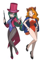 2girls :d animal_ears black_pantyhose blue_cape blue_leotard bow bowtie breasts cape cleavage closed_mouth commission covered_navel francesca_(pokemon) full_body green_hair hat hat_bow highres himurohiromu holding holding_wand jacket leotard long_hair long_sleeves looking_at_viewer low-tied_long_hair magician melvin&#039;s_assistant_(pokemon) multiple_girls nintendo open_clothes open_jacket open_mouth orange_eyes orange_hair pantyhose pink_bow pokemon pokemon_(anime) pokemon_(classic_anime) pokemon_dppt_(anime) purple_eyes red_bow red_bowtie red_hat red_jacket red_leotard skeb_commission smile top_hat wand white_background wrist_cuffs