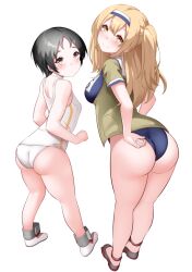 Rule 34 | 2girls, ass, back, black hair, blue one-piece swimsuit, breasts, brown eyes, brown hair, grey eyes, hairband, i-26 (kancolle), kantai collection, kirigakure (kirigakure tantei jimusho), large breasts, long hair, looking at viewer, looking to the side, maru-yu (kancolle), multiple girls, name tag, new school swimsuit, one-piece swimsuit, open clothes, sailor collar, school swimsuit, short hair, short sleeves, small breasts, smile, swimsuit, swimsuit under clothes, two-tone hairband, two side up, white background, white one-piece swimsuit