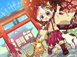 1boy :d animal_ears blush_stickers brown_eyes brown_hair brown_shoes cat cat_boy cat_ears coin collared_shirt commentary_request contrast_collar day full_body highres holding holding_umbrella indie_virtual_youtuber long_sleeves looking_at_viewer male_focus multicolored_hair necktie notamaru_2 oil-paper_umbrella open_mouth orange_hair outdoors outstretched_arm paw-shaped_pupils pointing red_necktie red_shorts red_socks red_umbrella ribbed_socks shirt shoes short_hair shorts shrine smile socks solo suspender_shorts suspenders symbol-shaped_pupils tatamaru_(vtuber) tie_clip torii umbrella white_hair white_shirt wide_sleeves