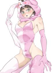 1boy :o ahoge animal_ears bare_shoulders blush bow brown_eyes bulge commentary cosplay danganronpa_(series) danganronpa_2:_goodbye_despair ear_bow elbow_gloves fake_animal_ears gloves gumame1313 hair_through_hood highres hinata_hajime large_pectorals leotard monomi_(danganronpa) monomi_(danganronpa)_(cosplay) pectorals pink_gloves pink_leotard pink_thighhighs playboy_bunny rabbit_ears split_theme sweatdrop symbol-only_commentary teeth thighhighs upper_teeth_only white_gloves white_leotard white_thighhighs