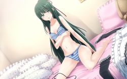1girl barefoot bed black_hair blue_striped_panties blush bra female_focus frilled_pillow frilled_thighhighs frills game_cg green_eyes lingerie long_hair panties pillow rikudou_sui solo striped_bra striped_clothes striped_panties tel-o thighhighs underwear underwear_only unworn_clothes very_long_hair yamiyo_ni_odore