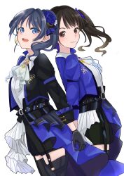 Rule 34 | 2girls, :d, animification, ascot, back-to-back, black gloves, black hair, black jacket, black thighhighs, blue eyes, blue flower, blue hair, blue jacket, blue rose, blush, brown eyes, closed mouth, collared shirt, commentary request, compass (love live!), cowboy shot, dress shirt, flower, flower stand art, gloves, hair flower, hair intakes, hair ornament, highres, holding hands, jacket, link! like! love live!, long hair, long sleeves, love live!, multicolored jacket, multiple girls, murano sayaka, nonaka kokona, official alternate costume, open clothes, open jacket, open mouth, real life, roku aya fuyu, rose, shirt, side ponytail, simple background, smile, standing, thighhighs, two-tone jacket, virtual youtuber, voice actor, voice actor connection, white ascot, white background, white shirt