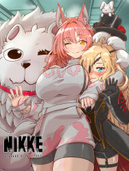 2girls animal animal_ear_fluff animal_ears bare_shoulders bike_shorts black_coat black_gloves black_shorts black_sports_bra black_vest blonde_hair blue_eyes blush breasts butterfly_tattoo claw_pose closed_mouth coat copyright_name detached_sleeves eyepatch gloves goddess_of_victory:_nikke guillotine_(dark_tracer)_(nikke) guillotine_(nikke) hair_intakes hat highres large_breasts leona_(nikke) lion long_hair margherita832 multiple_girls nail_polish official_alternate_costume one_eye_closed pink_hair pink_nails rabbit red_coat shirt shorts sideboob sideless_shirt sidelocks small_breasts smile sports_bra tail tattoo timi_(nikke) top_hat turtleneck turtleneck_shirt two-sided_coat two-sided_fabric vest wavy_hair white_shirt wrist_tattoo yellow_eyes