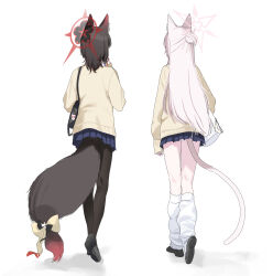 2girls absurdres akira_(blue_archive) alternate_costume animal_ears bag black_pantyhose blue_archive blue_skirt bow brown_hair cardigan cat_ears cat_tail commentary_request fox_ears fox_tail from_behind full_body halo highres long_hair long_sleeves loose_socks mangpum_(taro109210) miniskirt multiple_girls panties pantyhose pantyshot pink_hair pleated_skirt school_bag school_uniform short_hair simple_background skirt socks tail tail_bow tail_ornament tail_under_clothes underwear very_long_hair wakamo_(blue_archive) walking white_background white_panties white_socks yellow_cardigan