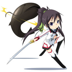 10s 1girl black_hair blue_eyes boots catfish chibi female_focus fish infinite_stratos long_hair ponytail shinonono_houki simple_background solo sword thighhighs tomcat uniform weapon