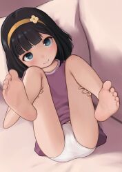 1girl bare_legs barefoot black_hair blue_eyes blunt_bangs closed_mouth clothes_lift commentary dress dress_lift english_commentary feet foot_focus full_body headband highres kuroshiro00 legs_up loli looking_at_viewer lying on_back original panties purple_dress short_hair smile soles solo tareme toes underwear white_panties