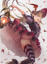 1girl ;d ass black_boots blonde_hair bonnet boots brown_eyes center_frills dress earclip eyelashes female_focus fingernails frills from_below from_side granblue_fantasy hat head_wings high_heels highres holding knee_boots lantern long_fingernails long_hair myuu1995 one_eye_closed open_mouth outstretched_arm petals pointy_ears sharp_fingernails shingeki_no_bahamut smile solo striped_clothes striped_thighhighs thighhighs vampy very_long_hair white_background wings
