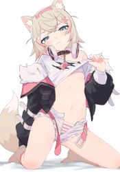1girl absurdres animal_ear_fluff animal_ears asymmetrical_legwear bandaid bandaid_hair_ornament belt black_jacket blonde_hair blue_eyes blush closed_mouth clothes_lift collarbone commentary cropped_shirt crossed_bangs dog_ears dog_girl dog_tail english_commentary hair_ornament headband highres hololive hololive_english horn_hairband jacket kneeling lifting_own_clothes looking_at_viewer mismatched_legwear mococo_abyssgard mococo_abyssgard_(1st_costume) multicolored_hair navel off_shoulder open_belt open_clothes open_jacket paid_reward_available panties pink_belt pink_hair pink_headband recklessdraw shirt shirt_lift short_shorts shorts simple_background solo streaked_hair striped_clothes striped_panties tail underwear unzipped virtual_youtuber white_background white_shirt white_shorts x_hair_ornament