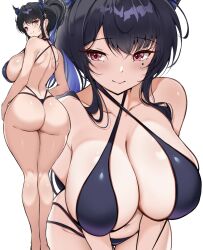 1girl ass back bikini black_bikini black_hair blue_hair breasts cleavage closed_mouth curvy demon_horns highres hololive hololive_english horns huge_breasts large_breasts mole mole_under_eye multicolored_hair multiple_views nerissa_ravencroft red_eyes sideboob simple_background smile swimsuit thighs two-tone_hair virtual_youtuber white_background zeropen