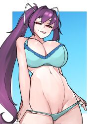 1girl bikini bikini_pull blue_bikini breasts brothbowl cleavage clitoral_hood clothes_pull hair_ribbon highres large_breasts legs long_hair naughty_face navel ponytail purple_hair pussy pussy_peek red_eyes ribbon smile solo swimsuit teasing thighs tongue tongue_out under_night_in-birth undressing yuzuriha_(under_night_in-birth)