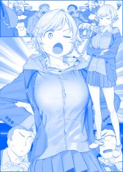 2boys blue_theme braid breasts closed_eyes closed_mouth crossed_arms faceless faceless_male getsuyoubi_no_tawawa glasses hand_on_arm highres himura_kiseki large_breasts long_sleeves monochrome multiple_boys one_eye_closed open_mouth pleated_skirt short_hair single_braid skirt standing zipper