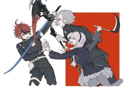 1girl 2boys ahoge aotsuki_eito arm_up armband attack belt belt_pouch black_hairband black_jacket black_pants black_streaks blue_eyes braid evil_grin evil_smile gakuran glasses gloves grey_eyes grey_hair grey_pantyhose grey_skirt grin hair_over_shoulder hairband hashtag-only_commentary highres holding holding_hands holding_scythe holding_sword holding_weapon hole_in_chest hole_on_body jacket kirifuji_nozomi last_defense_academy_school_uniform long_hair looking_at_another multicolored_hair multiple_boys pabitelsafe3 pants pantyhose pouch red_background red_eyes red_hair school_uniform scythe short_hair simple_background single_braid sketch skirt smile spoilers streaked_hair sumino_takumi sweatdrop sword the_hundred_line_-last_defense_academy- thigh_strap two-tone_background weapon white_armband white_background white_belt