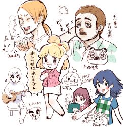 Rule 34 | animal crossing, ankha (animal crossing), bags under eyes, blue hair, blush, character request, english text, flick (animal crossing), guitar, highres, humanization, instrument, isabelle (animal crossing), mabel able (animal crossing), music, nintendo, personification, sable able (animal crossing), singing, spot color, tom nook (animal crossing), translation request, upper body, villager (animal crossing), yuki touko