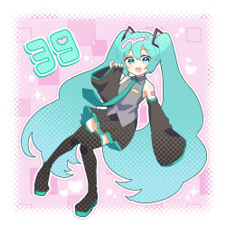 1girl 39 :d aqua_eyes aqua_hair aqua_nails aqua_necktie arm_tattoo black_boots black_skirt black_sleeves blush boots collared_shirt commentary_request detached_sleeves dot_nose grey_shirt hatsune_miku heart long_hair long_sleeves miku_day necktie number_tattoo open_mouth outline partial_commentary pink_background pleated_skirt shimatamago shirt skirt sleeveless sleeveless_shirt smile solo tattoo thigh_boots tongue twintails very_long_hair vocaloid white_outline