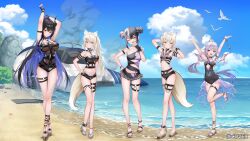 Rule 34 | 5girls, ;o, aircraft, animal ears, arm behind head, arm strap, arms up, asymmetrical horns, beach, bird, black hair, black one-piece swimsuit, blonde hair, blue eyes, blue hair, blue sky, braid, breasts, casual one-piece swimsuit, center-flap bangs, character name, chest jewel, closed mouth, cloud, colored inner hair, commentary request, copyright notice, covered erect nipples, covering own mouth, crash landing, crossed bangs, cumulonimbus cloud, day, detached wings, dog ears, dog girl, dog tail, double-parted bangs, english text, feet, flat chest, frilled one-piece swimsuit, frills, full body, fuwawa abyssgard, fuwawa abyssgard (holonatsu paradise), gem, gradient hair, grey hair, hair between eyes, hair flaps, hair ornament, hairclip, hand on own hip, hand over own mouth, hands on own hips, helicopter, high ponytail, highres, holoadvent, hololive, hololive english, holonatsu paradise, horizon, horns, jewel under eye, koseki bijou, koseki bijou (holonatsu paradise), large breasts, long hair, looking at viewer, medium breasts, metal wings, mococo abyssgard, mococo abyssgard (holonatsu paradise), multicolored hair, multiple girls, navel, nerissa ravencroft, nerissa ravencroft (holonatsu paradise), o-ring, o-ring thigh strap, ocean, official alternate costume, official alternate hairstyle, official art, one-piece swimsuit, one eye closed, outstretched arms, pink eyes, pink hair, platform sandals, ponytail, purple eyes, purple gemstone, purple hair, sandals, shiori novella, shiori novella (holonatsu paradise), short hair, shuvi (shuvi1125), siblings, side ponytail, sidelocks, single handcuff, sisters, sky, smile, smoke, split-color hair, stomach, streaked hair, swimsuit, tail, thigh strap, toes, twin braids, twins, uneven horns, very long hair, virtual youtuber, wide sleeves, wings, wreckage, yellow eyes