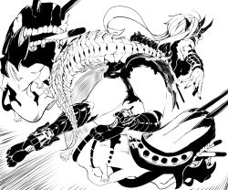 Rule 34 | 1girl, abyssal ship, arms at sides, ass, extra arms, extra legs, extra mouth, facing away, feet, from behind, gegesan, greyscale, highres, kantai collection, leggings, lunging, mask over one eye, mechabare, medium hair, monochrome, ne-class heavy cruiser, open mouth, outstretched arms, rigging, ship turret, shorts, simple background, solo, tail, teeth, thighs, toes, torn clothes, torn shorts, torpedo