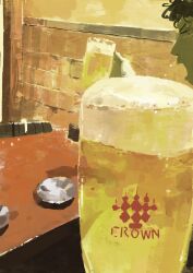 Rule 34 | absurdres, alcohol, ashtray, beer, beer mug, brick wall, cup, drinking glass, highres, mug, no humans, original, painting (medium), shadow, slow d, still life, table, traditional media