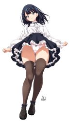 Rule 34 | 1girl, black shirt, black shoes, black skirt, bow, bow panties, brown thighhighs, commentary request, frilled shirt, frilled skirt, frills, from below, full body, gridman universe, kinohara hikaru, long sleeves, neck ribbon, panties, ribbon, shirt, shoes, simple background, skirt, solo, ssss.gridman, standing, takarada rikka, thighhighs, thighs, underwear, white background, white panties, white shirt