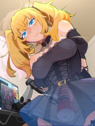 1girl absurdres ani_(xai) arms_behind_back belt black_dress blonde_hair blue_eyes breasts closed_mouth commentary corset dress english_commentary from_below grey_dress highres hologram indoors khyle. large_breasts long_hair looking_at_viewer looking_down monitor puffy_short_sleeves puffy_sleeves sex_toy short_sleeves sidelocks solo tenga twintails twitter xai_(company)