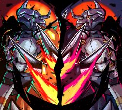 Rule 34 | armor, artist logo, black armor, black skin, blackwargreymon, blonde hair, claws, colored skin, commentary, crotch plate, digimon, dragon, fire, green eyes, helmet, highres, horns, logo, looking at viewer, orange skin, red background, red hair, ridgeone, spiked hair, symbol-only commentary, symmetry, twitter username, upper body, wargreymon, yellow armor, yellow eyes
