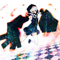 Rule 34 | 1girl, amano0712, black rock shooter, black shoes, checkered floor, dark-skinned female, dark skin, demon tail, flame print, hood, hoodie, mechanical arms, orange eyes, over-kneehighs, shoes, short hair, solo, strength (black rock shooter), tail, thighhighs, white hair, white thighhighs
