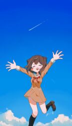 1girl absurdres arms_up bang_dream! black_socks blue_sky blush bow bowtie breasts brown_dress brown_hair brown_shoes buttons closed_eyes cloud cloudy_sky commentary_request cone_hair_bun day dress hair_bun hair_ornament hanasakigawa_school_uniform happy highres korean_commentary leg_up long_sleeves medium_breasts meonjiuikkum open_mouth outdoors red_bow red_bowtie sailor_collar school_uniform shoes shooting_star short_hair sidelocks sky smile socks solo standing standing_on_one_leg star_(symbol) star_hair_ornament teeth toyama_kasumi v-shaped_eyebrows
