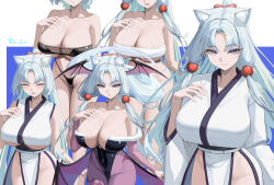 1girl animal_ear_fluff animal_ears animal_print bat_print berna_forte black_leotard blue_eyes breasts bridal_gauntlets chest_sarashi cleavage closed_mouth collarbone commentary_request cosplay darkstalkers fox_ears fur-trimmed_leotard fur_trim hair_bobbles hair_intakes hair_ornament head_out_of_frame head_wings highleg highleg_leotard highres japanese_clothes leotard long_hair looking_at_viewer low_wings morrigan_aensland morrigan_aensland_(cosplay) multiple_views obi obijime off-shoulder_leotard office_lady open_mouth pantyhose pelvic_curtain print_pantyhose purple_pantyhose purple_wings sarashi sash smile touhoku_itako underboob vocaloid voiceroid voicevox white_hair wings