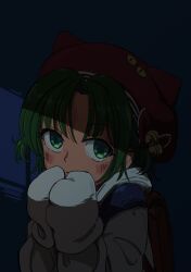 Rule 34 | 1girl, alternate headwear, anzu yoshihiro, backpack, bag, blush, dejiko, di gi charat, eyelashes, green eyes, green hair, hat, highres, mittens, randoseru, red hat, shirt, short hair, sidelighting, solo, upper body, white mittens, white shirt