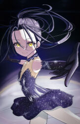 1girl absurdres black_gloves black_hair closed_mouth commentary_request elbow_gloves figure_skating_dress gloves highres kamisaki_hikaru light_smile long_hair looking_at_viewer medalist_(manga) outstretched_arms pantyhose ponytail skating_rink solo wend1_(bo060914) white_pantyhose yellow_eyes