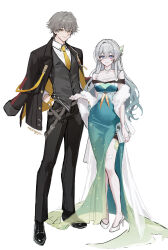 1boy 1girl absurdres alternate_costume aqua_dress black_coat caelus_(honkai:_star_rail) coat dress firefly_(honkai:_star_rail) formal_clothes full_body grey_hair highres honkai:_star_rail honkai_(series) long_hair meoyo necktie sketch smile suit trailblazer_(honkai:_star_rail) unfinished yellow_necktie