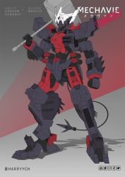 Rule 34 | armor, black armor, commission, crossover, full body, gundam, gundam asmoday, gundam tekketsu no orphans, hammer, harryych, helltaker, highres, holding, holding weapon, mecha, mechanical tail, modeus (helltaker), name connection, red armor, red eyes, robot, sledgehammer, tail, war hammer, weapon, white headwear