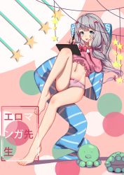 1girl :p absurdres barefoot blue_eyes bow bow_panties eromame_(hentai) feet highres izumi_sagiri long_hair looking_at_viewer panties silver_hair stylus tablet toes tongue tongue_out underwear